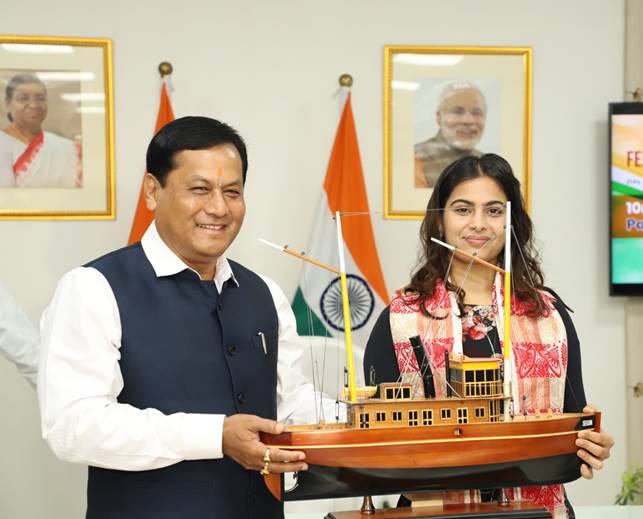 The Union Minister of Port Shipping and Waterways Shri Sarbananda Sonowal felicitates Double Olympic Medalist Manu Bhaker- the Seafarer’s Daughter.